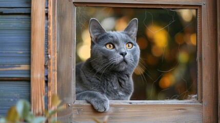 Domestic cat looks out the window and misses