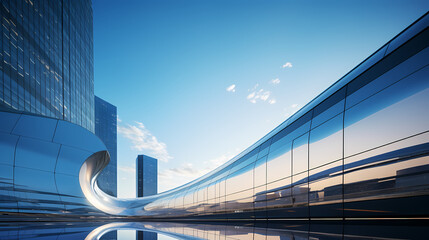 Low angle view of futuristic modern building, corporate office building skyscraper