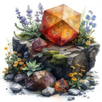 Enchanting D20 Dice and Druidic Implements: Wooden Staff, Herbalism Kit, Elemental Gem