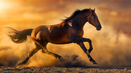 Majestic Horse Galloping at Sunset, Dust in the Golden Light