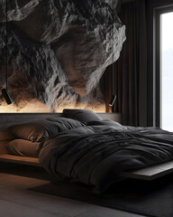 Luxurious Modern Bedroom with Natural Rock Feature Wall