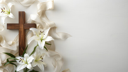 Christianity wooden cross with white lilies and silk ribbon on white background, religious holidays concept, Christian religion background, flat lay - obrazy, fototapety, plakaty