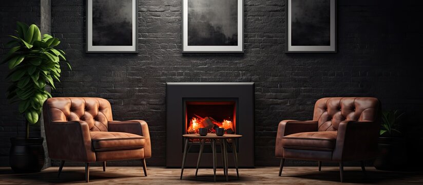 A cozy living room furnished with two chairs, a fireplace made of brick, and hardwood flooring. The gaspowered fireplace is the focal point of the room, complemented by a picture frame on the wall