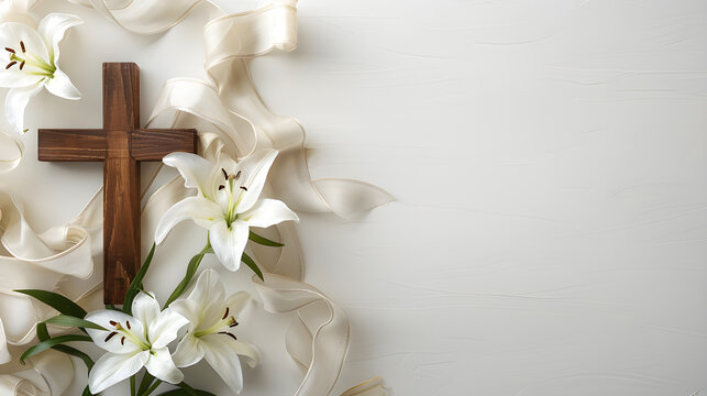 Christianity wooden cross with white lilies and silk ribbon on white background, religious holidays concept, Christian religion background, flat lay