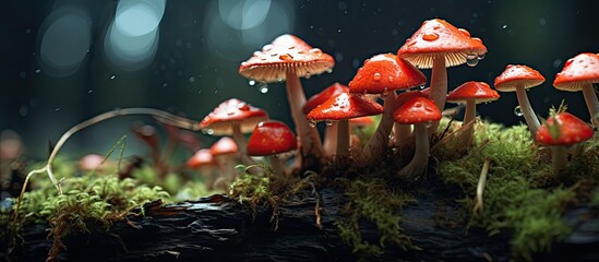 A variety of mushrooms are flourishing on a mosscovered terrestrial plant in a natural landscape, creating an artistic display amidst the wildlife - obrazy, fototapety, plakaty