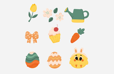 Easter holiday, which is depicted with a vector illustration of rabbits and eggs that have been painted with cute motifs