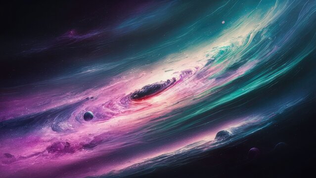 a vibrant spiral galaxy, adorned with hues of pink, blue, and yellow, swirling gracefully amidst a celestial tapestry of glittering stars