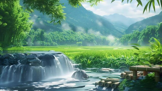 Idyllic landscape with a waterfall, lush greenery, and a wooden pier, depicting tranquil nature scenery.