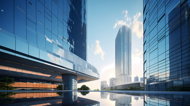 Low angle view of futuristic modern building, corporate office building skyscraper