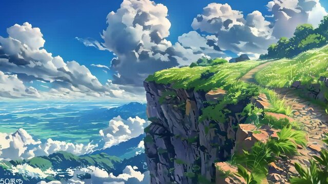 Scenic digital artwork of a lush cliffside path overlooking a vast sea with fluffy clouds in the sky.