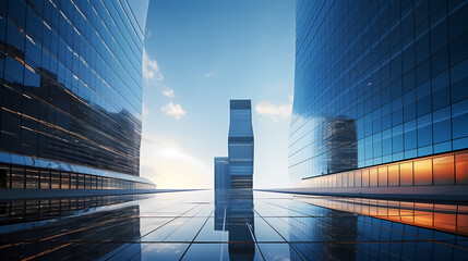 Fototapeta na wymiar Low angle view of futuristic modern building, corporate office building skyscraper