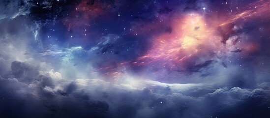 An artwork depicting a galaxy in the purple sky with fluffy cumulus clouds and shimmering stars,...