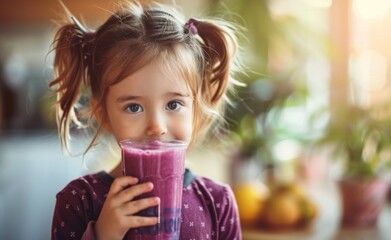 A young girl drinking a homemade fruit smoothie, emphasizing the importance of introducing healthy...
