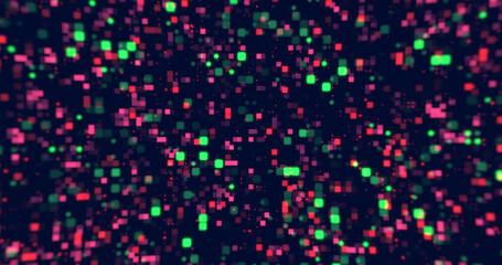 Digital small squares and circles moving background. Hi tech flickering moving little dots across screen technology cloud computing ai grid bg. Artisitic circuit data transition flow motion graphic.