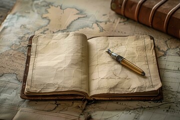 Vintage pen and old map on old paper background on table, travel concept