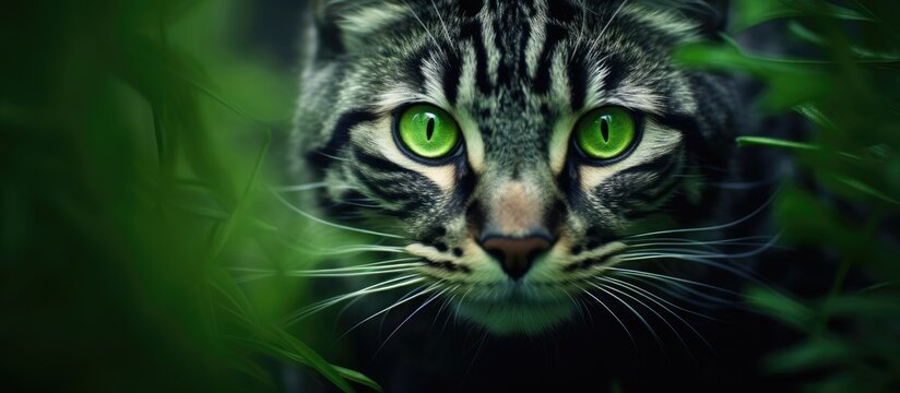A closeup of a Carnivore Cats face with green eyes, whiskers, and a snout. Belonging to Felidae family and small to mediumsized, this terrestrial animal is gazing at grass
