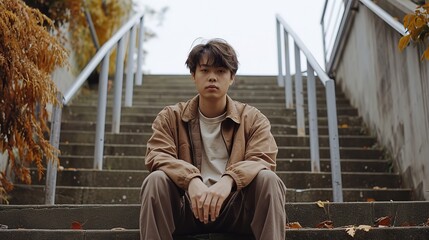 Men are seated on stairs.