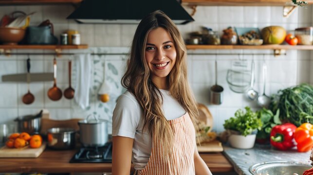 A picture of a young, attractive woman standing in the kitchen 