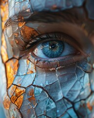 Fantasy Face Painting Artwork Featuring Woman's Blue Eyes in Close-up