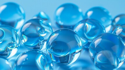 Blue Glass Marbles against a light blue backdrop, generative AI