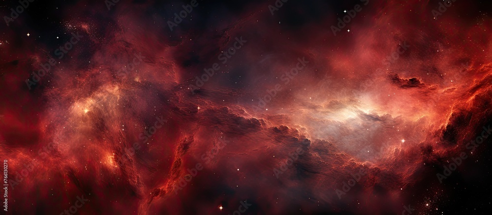 Poster astronomical object resembling a galaxy with red cumulus clouds of gas, creating a magenta hue in th