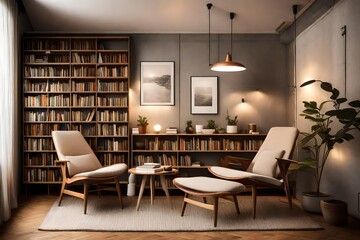 a cozy reading corner with iconic mid-century chairs, a minimalist bookshelf, and soft lighting, evoking the retro charm of a loft retreat.
