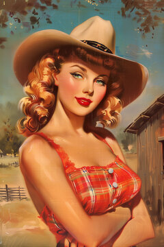 blond cowgirl wearing red western top on farm vintage scratched americana painting