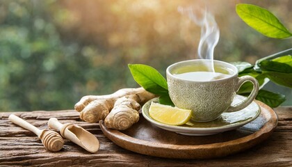 tea with lemon and mint, a glass of water with lemons and ginger on a wooden table - obrazy, fototapety, plakaty
