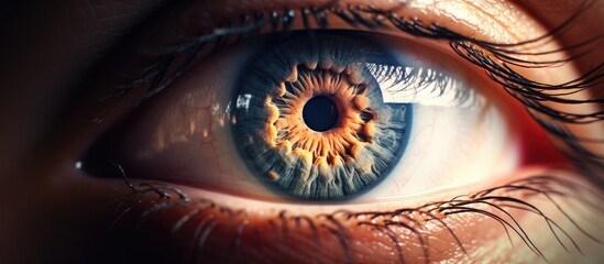 A macro photograph showcasing the intricate details of a womans blue and brown eye, highlighting the electric blue iris, delicate eyelashes, and the darkness surrounding the iris - obrazy, fototapety, plakaty