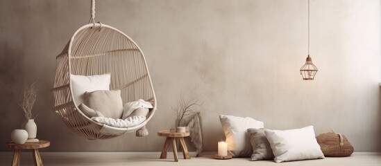 A wooden hanging chair is suspended in the center of the glasswalled room, creating a unique focal point in the modern building