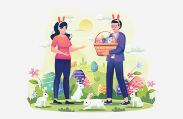 Easter holiday, which is depicted with a vector illustration of rabbits and eggs that have been painted with cute motifs