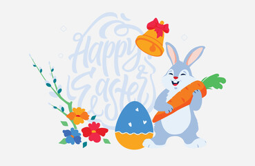 Easter holiday, which is depicted with a vector illustration of rabbits and eggs that have been painted with cute motifs