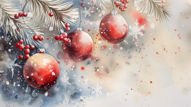 Watercolor Christmas Ornaments with Pine and Berries, Festive Holiday Illustration