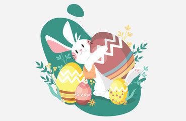 Easter holiday, which is depicted with a vector illustration of rabbits and eggs that have been painted with cute motifs