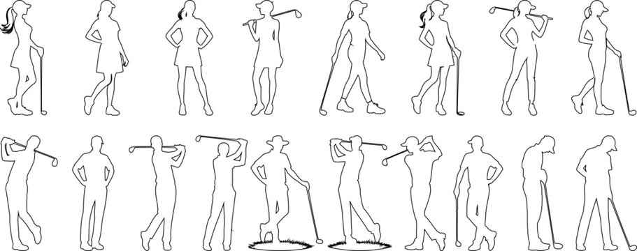 Golfer line art collection, perfect for sports design, golf event promotions, and instructional content. Showcases various poses and swings