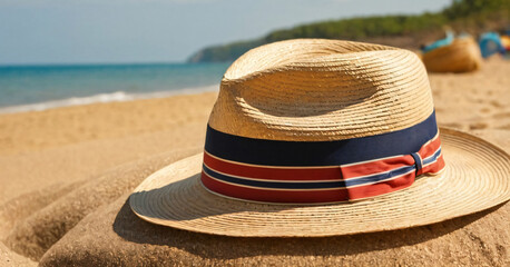 A straw hat with sunglasses lies on the beach on yellow sand. Su - obrazy, fototapety, plakaty