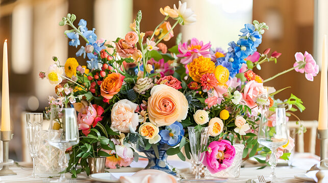 Beautiful flowers decorated on the table.Tables set for an event party or wedding reception. luxury elegant table setting dinner in a restaurant. glasses and dishes. Fancy moment fancy time,wedding 

