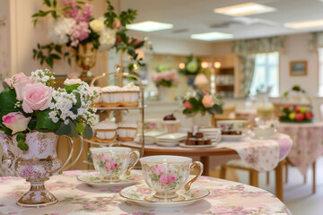 Fototapeta premium An elegant tea room in a retirement home, with vintage china, delicate floral arrangements, and a selection of fine teas and pastries, inviting conversation and relaxation.