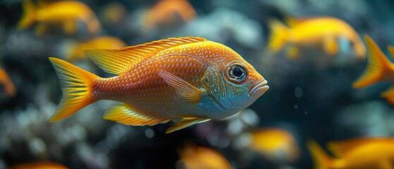 Obraz premium A Fish With Golden Scales. Illustration On The Theme Of The Underwater World, Ecology, Aquariums. Generative AI 