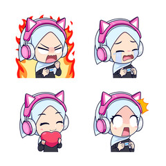 Set of gamer girl muslim cartoon vector illustration suitable for sticker, icons, badges and streamer.