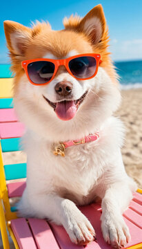 A Spitz dog sunbathes in sunglasses on the beach. A dog on vacat