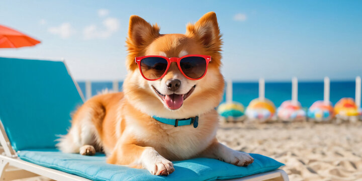 A Spitz dog sunbathes in sunglasses on the beach. A dog on vacat