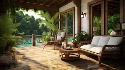 Obraz na płótnie Canvas balcony with wooden furniture AI generated