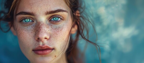 A closeup of a womans face showcasing electric blue eyes, freckles, and a playful smile. Her cheek, nose, and jawline are highlighted with bold eye shadow, enhancing the artistic and fun vibe - obrazy, fototapety, plakaty