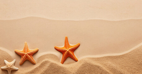 Fototapeta na wymiar Marine background for design with starfish and sand. Texture