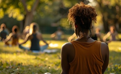The golden light of sunset bathes a peaceful group yoga session in the park. - obrazy, fototapety, plakaty