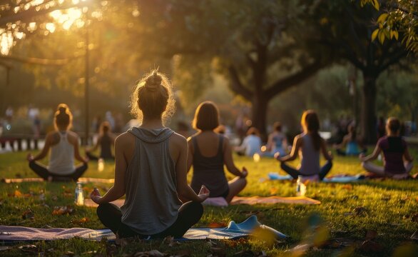 The golden light of sunset bathes a peaceful group yoga session in the park. - Powered by Adobe