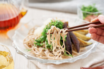 揚げナスと大葉と大根おろしの冷たいお蕎麦