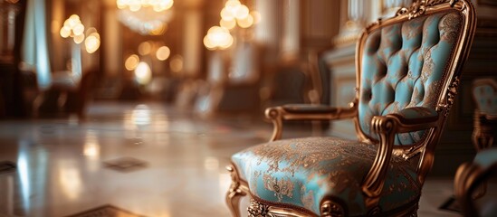 In the grand palace building, a wooden chair sits elegantly in the center of an opulent room with intricate glass, metal, and art details - obrazy, fototapety, plakaty