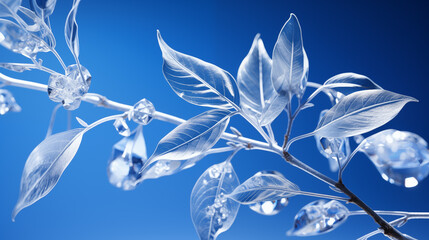 translucent fantastic plant with crystals or diamonds growing on a blue background. ice branch closeup concept